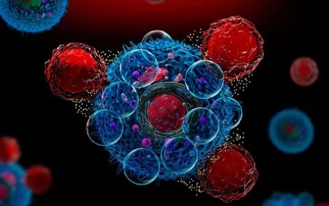 Ilustración 3D de células de CAR-T que atacan células cancerosas y liberan citoquinas.