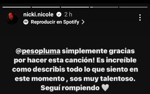 Historia de Nicki Nicole halagando 'Por Las Noches', canción de Peso Pluma.