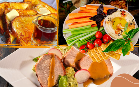 Pan francés con miel de maple, verduras caramelizadas, y cerdo en salsa de miel de maple.