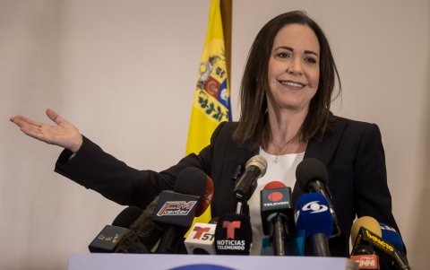 La opositora María Corina Machado en rueda de prensa, el 4 de julio de 2023, en Caracas.
