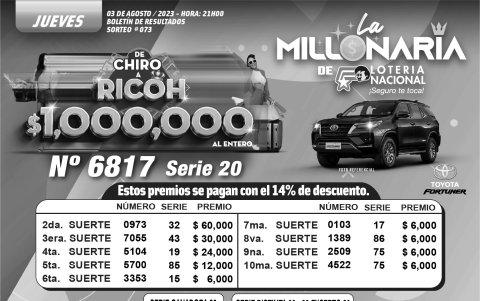 BOLETIN LA MILLONARIA 073, JUEVES 03 DE AGOSTO 2023