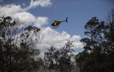Un helicóptero del departamento de bomberos lanza agua sobre un incendio forestal que se propaga detrás de las casas en Kula, Hawái, EE. UU.