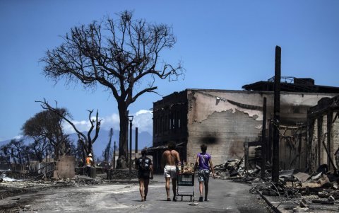 Aspecto de varios edificos afectados por el fuego en el puerto de Lahaina, en Hawái.