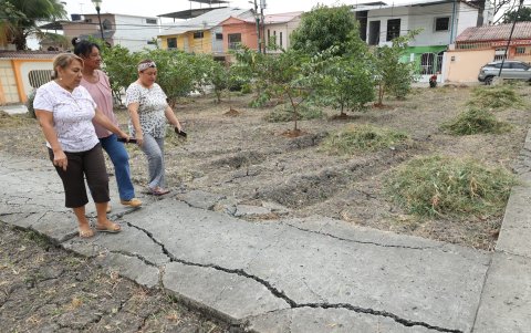 Los vecinos de Guayacanes recorren las camineras del parque que están resquebrajadas hace dos años.