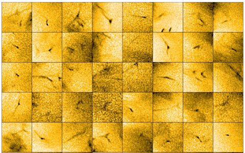 Mosaico de imágenes de la Solar Orbiter que muestra una multitud de diminutos chorros de material que escapan de la atmósfera exterior del Sol y aparecen como rayas oscuras sobre la superficie solar.