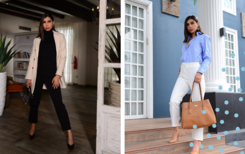 Izquierda: Para la noche, abrigo largo con un jersey cuello tortuga  y pantalón del mismo color, elegancia segura. Derecha: Camisa a rayas y pantalón de pinzas eleven el look con accesorios beige.