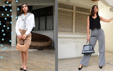 Izquierda. Las  bermudas de tiro alto y camisa para un paseo informal. ¿El detalle? Un jersey sobre los hombros. Derecha. El chaleco es  muy old money. Va bien con piezas clásicas en tonos neutros.