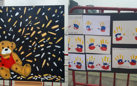 La pintura 'Daño Colateral' de Paul Coronel y las manos pintadas de niños  en clases de pintura en la Casa de la Cultura y en La Asociación Las Peñas.