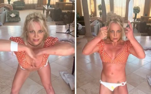 Britney Spears, casi sin ropa, ejecutando sus peligrosos pasos de baile con cuchillos.