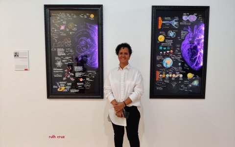 Presente. La guayaquileña Ruth Cruz, junto a dos de los cuadros que llevó a España.