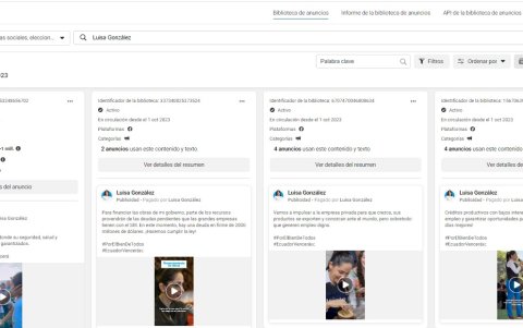 Captura de pantalla. La candidata Luisa González, según el conglomerado META, paga hasta 100 dólares para publicitar sus videos en redes sociales.