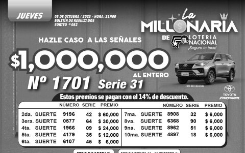 BOLETIN LA MILLONARIA 082 - JUEVES 05 DE OCTUBRE 2023