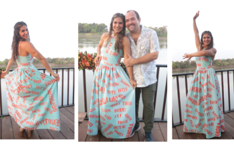 El vestido fue diseñado por la propia anfitriona y lleva los nombres de sus invitados