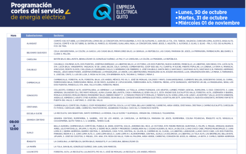 Estos son los horarios de la primera jornada de cortes de energía en Quito