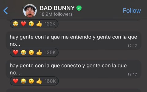 Bad Bunny reaccionó a la canción generada con inteligencia artificial a través de varios mensajes enviados en su canal de WhatsApp