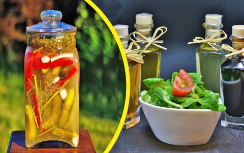 El vinagre se usa para aderezar ensaladas y también para encurtir vegetales y legumbres