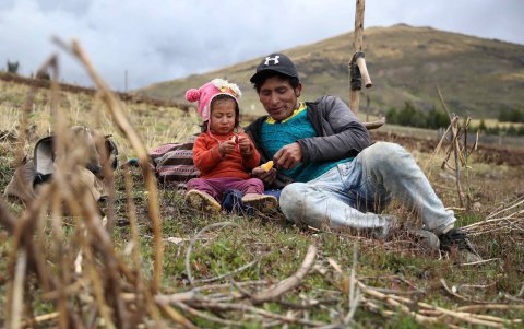 un padre con su hija descansa luego de una faena en el campo de Junín