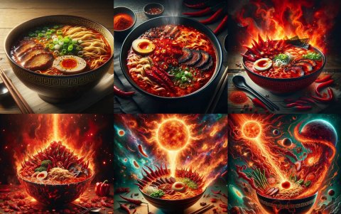 Un usuario en redes sociales le pidió a la inteligencia artificial que haga la imagen de un ramen cada vez más picante