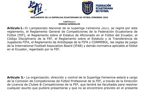 Art. 1 y 3 de la SuperLiga Ecuatoriana de Futbol Femenina 2023