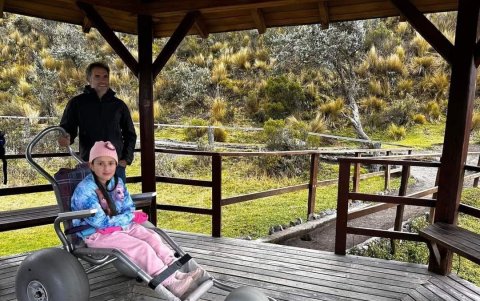 Movilidad. En una primera visita al atractivo turístico, una niña con discapacidad, que participa del proyecto piloto, se moviliza por los terrenos junto a su mamá Vanessa.