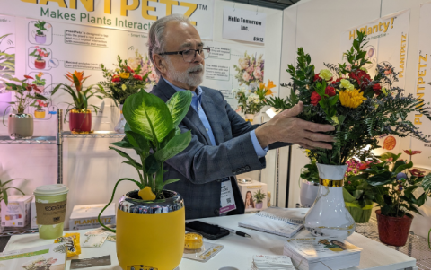 Una persona arregla un florero en la caseta de PlantPetz, una empresa de plantas que 'hablan'