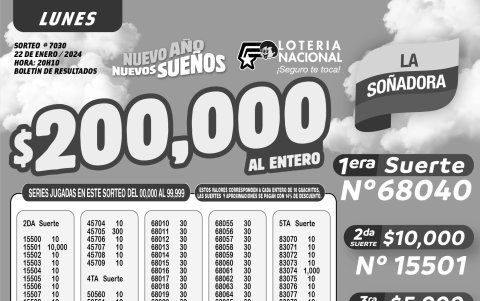BOLETIN LOTERIA 7030 + SUPER TOMBOLA - LUNES 22 DE ENERO 2024