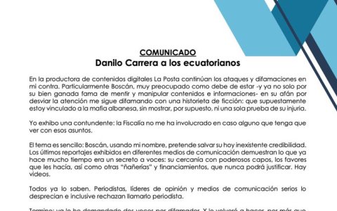 Comunicado emitido por Danilo Carrera.