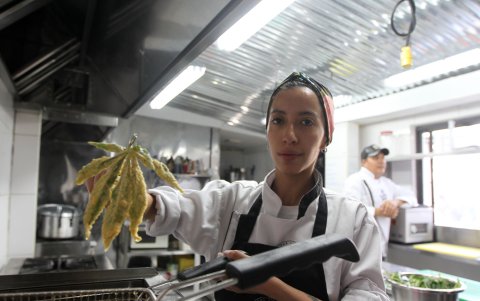 Entrada. Una hoja de cáñamo rebozada se da como cortesía en Quattro Venti.