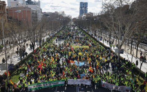 Así de masiva se observa la protesta agrícola convocada este lunes 26 de febrero de 2024 en la ciudad de Madrid, entre tractores y personas a pie.