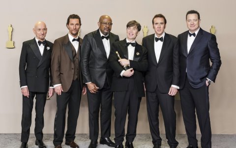 En la foto constan Sir Ben Kingsley, Matthew McConaughey, Forest Whitaker, Cillian Murphy, Nicolas Cage y Brendan Fraser en la sala de prensa.