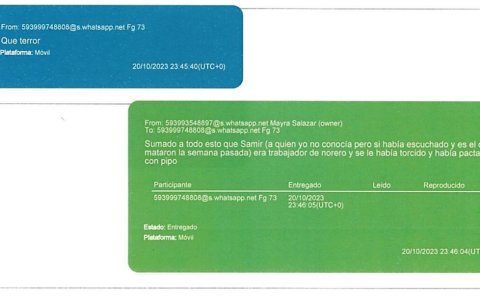 Mayra Salazar le atribuyó a alias Pipo, en una conversación de WhatsApp, la muerte de tres capos ecuatorianos.