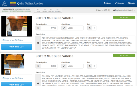 Cada lote cuenta con el precio, la condición en la que se encuentra el artículo y el número de pujas permitidas.