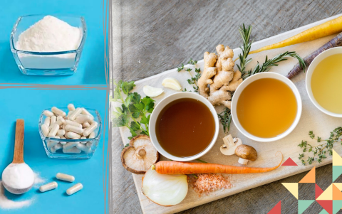 Fuentes de colágeno son el caldo de hueso y de pescado así como los suplementos.