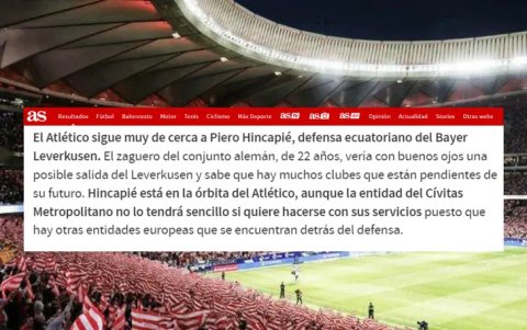 Captura de Diario AS, sobre la llegada de Hincapié al Atlético de Madrid