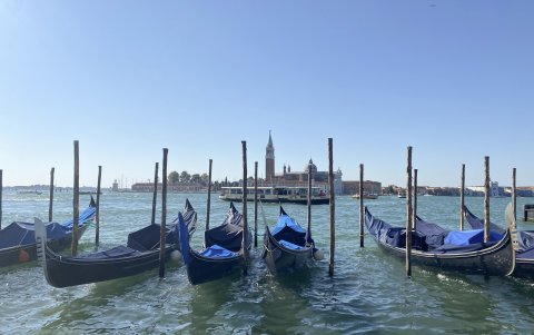 Las famosas y tradicionales góndolas aparecen en un canal de Venecia.