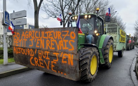 Convoy de agricultores de un sindicato cerca del mercado mayorista de Rungis, al sur de París, en febrero de 2024.