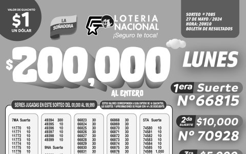 BOLETIN LOTERIA 7085 + SUPER TOMBOLA LUNES 27 DE MAYO 2024