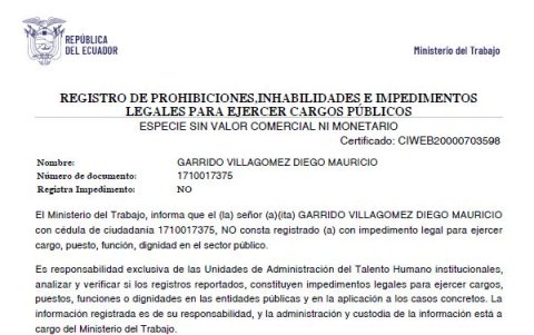 En el documento del Ministerio de Trabajo menciona que el funcionario no tiene impedimento