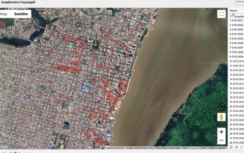 El mapa ya está listo y se puede ver Guayaquil desde la página web. En la imagen, los puntos rojos son las edificaciones de las que ya se puede ver su historia.