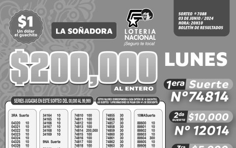 BOLETIN LOTERIA 7088 + SUPER TOMBOLA LUNES 3 DE JUNIO 2024