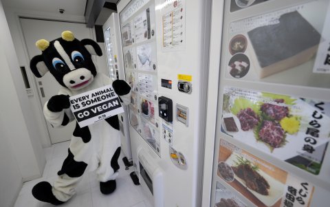Los partidarios de PETA se manifestaron frente a las máquinas expendedoras de carne de ballena en Tokio.