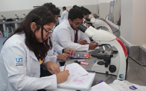 Referencial. Un grupo de estudiantes de Ciencias Médicas durante una clase en un laboratorio.