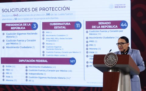 La secretaria de Seguridad y Protección Ciudadana, Rosa Icela Rodríguez, habla durante una conferencia de prensa este martes, en Palacio Nacional de Ciudad de México (México).
