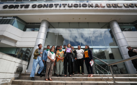 La presidenta de la Coalición Nacional de Mujeres del Ecuador, Miriam Ernst (c), junto a integrantes de organizaciones feministas de Ecuador, presentan una demanda ante la Corte Constitucional este martes en Quito (Ecuador).