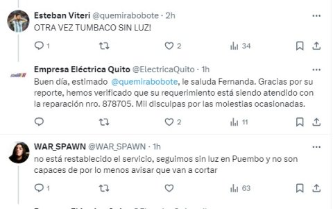 Los usuarios reportaron el corte de luz en la red social X de la Empresa Eléctrica Quito.