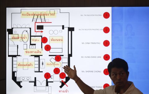 Plano de la habitación donde se encontraron a seis personas muertas el martes en una habitación de un hotel de lujo en Bangkok.