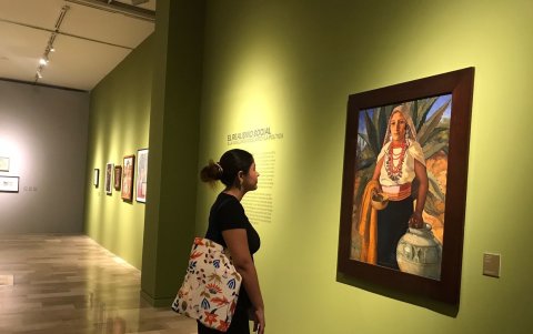 Indigenismo. Una joven observa con determinación los cuadros de la muestra.