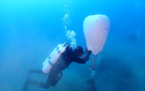 La arqueóloga submarina Marina Papanikolopulu, durante una jornada de limpieza en el fondo marino.