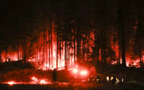 Los árboles arden en el incendio en un parque que ha quemado más de 148.000 hectáreas en California.