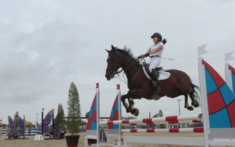 Eduarda González con su caballo Admiral superando la barra de tranqueo #11.